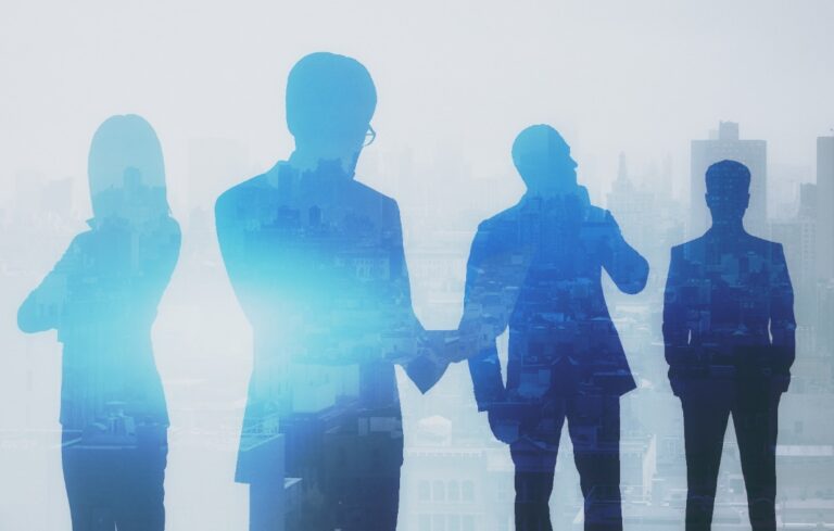 Group of pensive businesspeople on creative blue city background